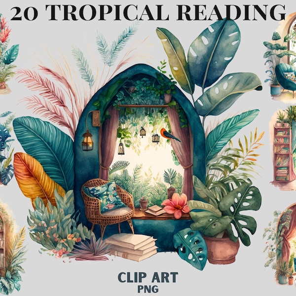 Watercolour Tropical Bookworm cozy reading corner clipart bundle, bookshelf, bookcase, aesthetic, png, clipart bundle, library, interiour