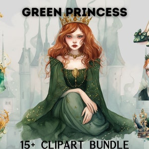Watercolour Green Princess Clipart bundle, royalty , royaltycore, emerald and gold clipart, crown, frog, castle,scrapbooking, dark academia