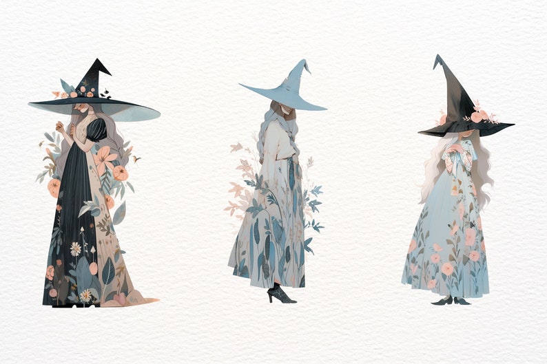 May include: Three witches wearing floral print dresses and pointed hats. The witches are standing in front of a white background. The first witch is wearing a black hat and a black and white dress. The second witch is wearing a blue hat and a blue and white dress. The third witch is wearing a black hat and a blue and white dress.