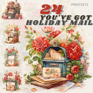 Paquete de imágenes prediseñadas de correo de Navidad de invierno acogedor de acuarela, imágenes prediseñadas de vacaciones, buzón, imágenes prediseñadas vintage, png de celebración, postales, transparente