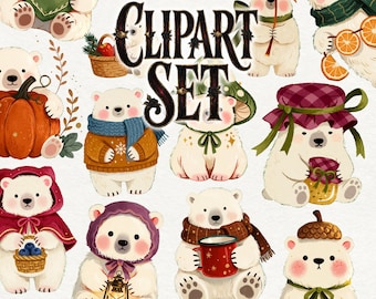 Polar Bear Cub Clipart PNG, Cozy Winter Animal Clipart, Cute Arctic Bear, Cottagecore Christmas Graphics, Snowy Woodland Digital Art