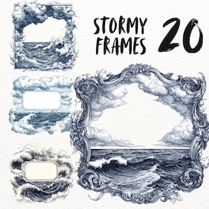 Stormachtige nacht zeeën frame clipart set, oceaan label png-stickers, vintage label digitale download, oceaan frame goodnotes, water papier ambachten