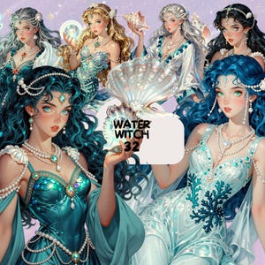 Puede incluir: Arte digital que presenta a varias mujeres de fantasía con cabello suelto y vestidos elaborados en tonos de azul, turquesa y blanco. Cada figura está adornada con collares de perlas y tocados. La imagen incluye el texto "WATER WITCH 32".
