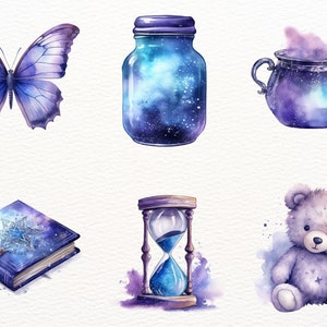 May include: A set of six watercolor illustrations featuring a galaxy theme. The illustrations include a butterfly, a jar, a cauldron, a book, an hourglass, and a teddy bear. Each illustration is painted in shades of purple, blue, and white, with a galaxy-like pattern.