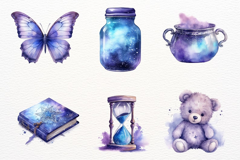May include: A set of six watercolor illustrations featuring a galaxy theme. The illustrations include a butterfly, a jar, a cauldron, a book, an hourglass, and a teddy bear. Each illustration is painted in shades of purple, blue, and white, with a galaxy-like pattern.