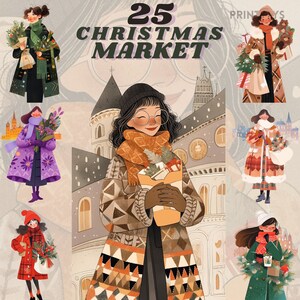 Accogliente pacchetto di clipart per lo shopping del mercatino di Natale, adesivi digitali natalizi, shopping invernale png, capispalla, tempo freddo, scrapbooking, classico