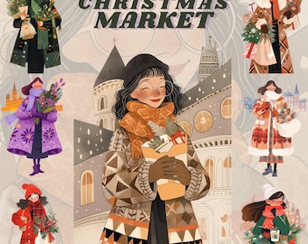 Cozy Christmas Market shopping clipart bundle, christmas digital stickers, winter shopping png, outwear, cold weather, scrapbooking, classic