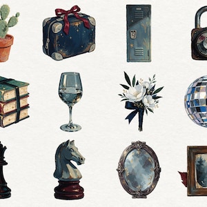May include: A collection of twelve illustrations featuring a potted cactus, a dark blue suitcase with a red bow, a metal locker, a combination padlock, a stack of three books, a wine glass, a white floral bouquet, a disco ball, a chess queen, a knight, an oval mirror, and a framed painting.