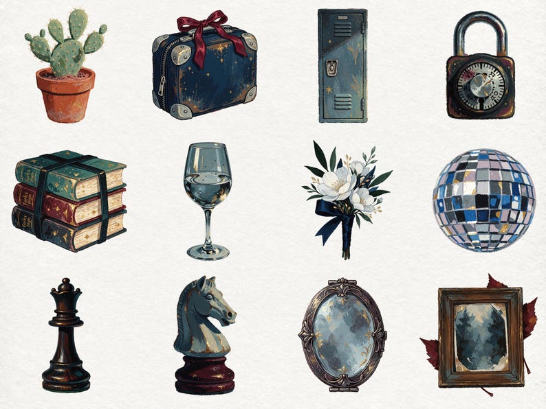May include: A collection of twelve illustrations featuring a potted cactus, a dark blue suitcase with a red bow, a metal locker, a combination padlock, a stack of three books, a wine glass, a white floral bouquet, a disco ball, a chess queen, a knight, an oval mirror, and a framed painting.