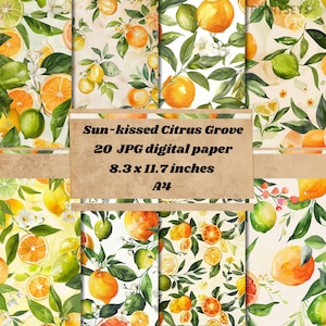 Könnte beinhalten: Ein digitales Papierpaket mit 20 Aquarell-Illustrationen von Zitrusfrüchten, Blättern und Blumen. Die Illustrationen sind in Gelb-, Orange-, Grün- und Weißtönen gehalten. Der Text "Sun-kissed Citrus Grove 20 JPG digital paper 8.3 x 11.7 inches A4" ist auf braunem Hintergrund gedruckt.