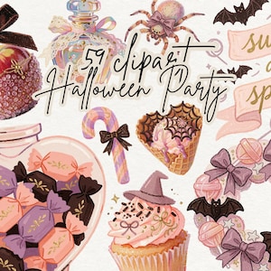 May include: A collection of Halloween-themed digital illustrations featuring a candy apple, potion bottle, spider, candy cane, ice cream, cupcake, and wreath. The graphics include bows, bats, and candies in pink, purple, and black. Text reads 59 clipart Halloween Party and sweet and spooky.
