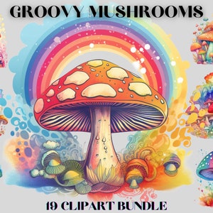 Watercolour Groovy Fun Mushroom  clipart Bundle , Occult mushrooms,  cottigecore,  clipart,trippy, 60s, psychedelic