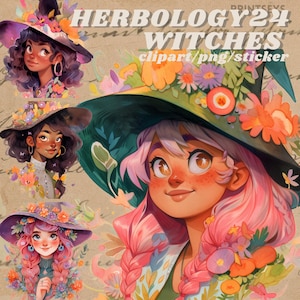 Whimsical vibrant herbology witch digital sticker, Mythical png, fairytale, transparent,instant download, dnd, occult,nature wicca clipart