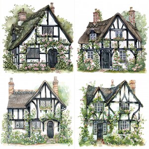 May include: Four watercolor paintings of charming, white, half-timbered cottages with thatched roofs, surrounded by lush greenery and blooming flowers.