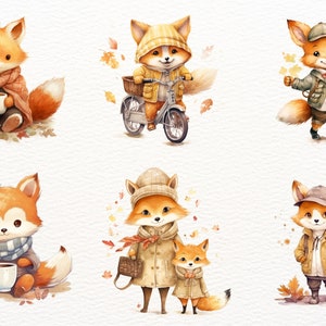 Puede incluir: Seis ilustraciones de zorros en diferentes entornos oto&ntilde;ales. Los zorros llevan diferentes atuendos, incluyendo una bufanda y un sombrero, un impermeable, un uniforme de explorador y una mochila. Algunos zorros sostienen una taza de caf&eacute;, una cesta o un mapa. Las ilustraciones est&aacute;n hechas en estilo acuarela con un fondo blanco.