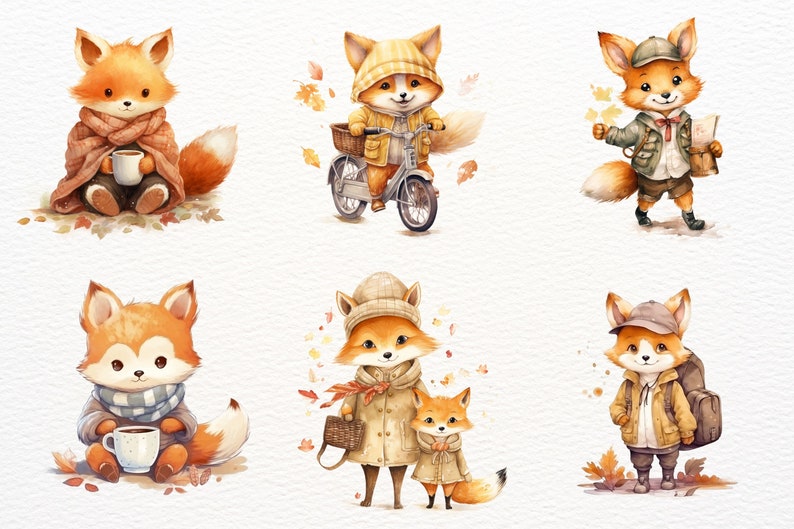 Puede incluir: Seis ilustraciones de zorros en diferentes entornos oto&ntilde;ales. Los zorros llevan diferentes atuendos, incluyendo una bufanda y un sombrero, un impermeable, un uniforme de explorador y una mochila. Algunos zorros sostienen una taza de caf&eacute;, una cesta o un mapa. Las ilustraciones est&aacute;n hechas en estilo acuarela con un fondo blanco.