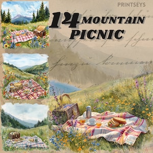 Paquete de pegatinas digitales Cozy Mountain Picnic, vibraciones de citas de verano, picnic en la ladera, imágenes prediseñadas de picnic romántico, cesta de picnic, diario