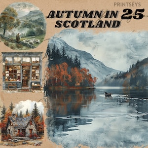 Paquete de imágenes prediseñadas de otoño de Escocia en acuarela, acogedor rincón de lectura de otoño, pegatina digital instantánea, leyendo, libros, pegatina para día lluvioso png
