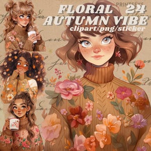 Stickers numériques météo pull floral, journal féminin automne hiver, png girly romantique, sticker confortable vintage, scrapbooking, livresque