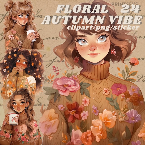 Floral Sweater Weather digital stickers, feminine autumn winter journaling, romantic girly png,vintage cozy sticker, scrapbooking, bookish