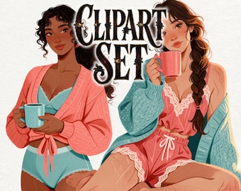 Cozy Fall Lingerie Clipart PNG, Autumn Women Digital Stickers, Cute Pajama & Coffee Girl Graphics