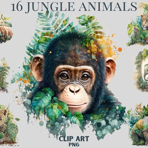 Cute Watercolour Jungle animal CLIPART, Tigers, Monkeys, elephants clipart, baby animals