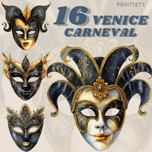 Karneval in Venedig Karneval Maske digitale Aufkleber, Clipart schwarz und gold, Maskerade png, transparent, Werbung, Vintage Journaling, sofort verfügbar