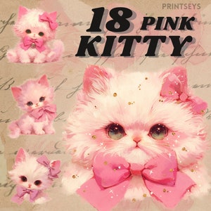 Süße Vintage rosa Katze, digitaler Aufkleber, kawaii Katze als Png, Märchen, transparenter, sofortiger Download, Pastell Kätzchen Clipart, Retro Kitty