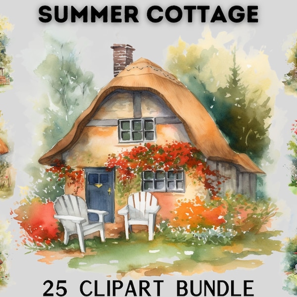 Watercolour Summer Spring Cottage clipart bundle, Cabin Png, House clipart, Hiking Clipart, Woods clipart, Scrapbooking, cottagecore