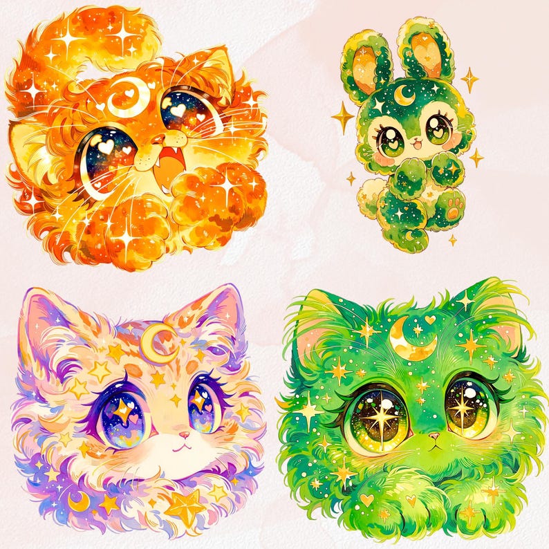 Puede incluir: Cuatro ilustraciones caprichosas de criaturas de fantas&iacute;a. Un gato naranja, un conejo verde y dos gatos con acentos de estrellas y lunas. Cada uno tiene ojos grandes con detalles de coraz&oacute;n y estrella, y un efecto brillante.