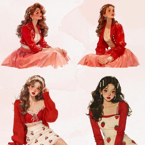 May include: Four illustrations of women in red and white outfits. The top two figures wear red jackets and pink skirts. The bottom left figure wears a red sweater and a white skirt with cherries. The bottom right figure wears a white dress with strawberries.