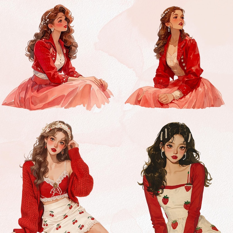 May include: Four illustrations of women in red and white outfits. The top two figures wear red jackets and pink skirts. The bottom left figure wears a red sweater and a white skirt with cherries. The bottom right figure wears a white dress with strawberries.
