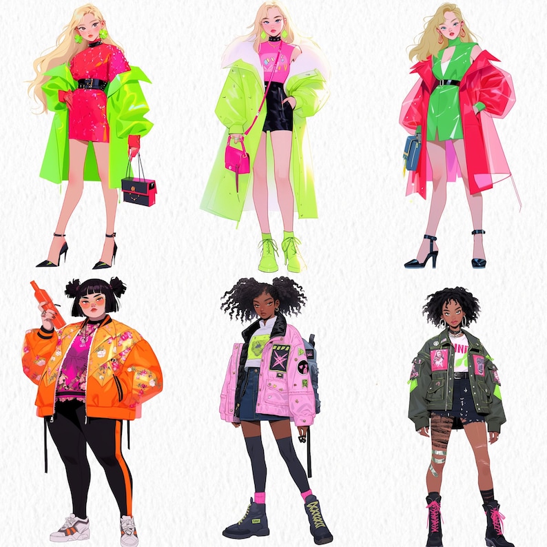 May include: Illustration of six fashionably dressed figures. The figures are wearing a variety of colorful clothing, including jackets, shirts, pants, and skirts. The figures are all standing in a row, and they are all looking at the viewer.