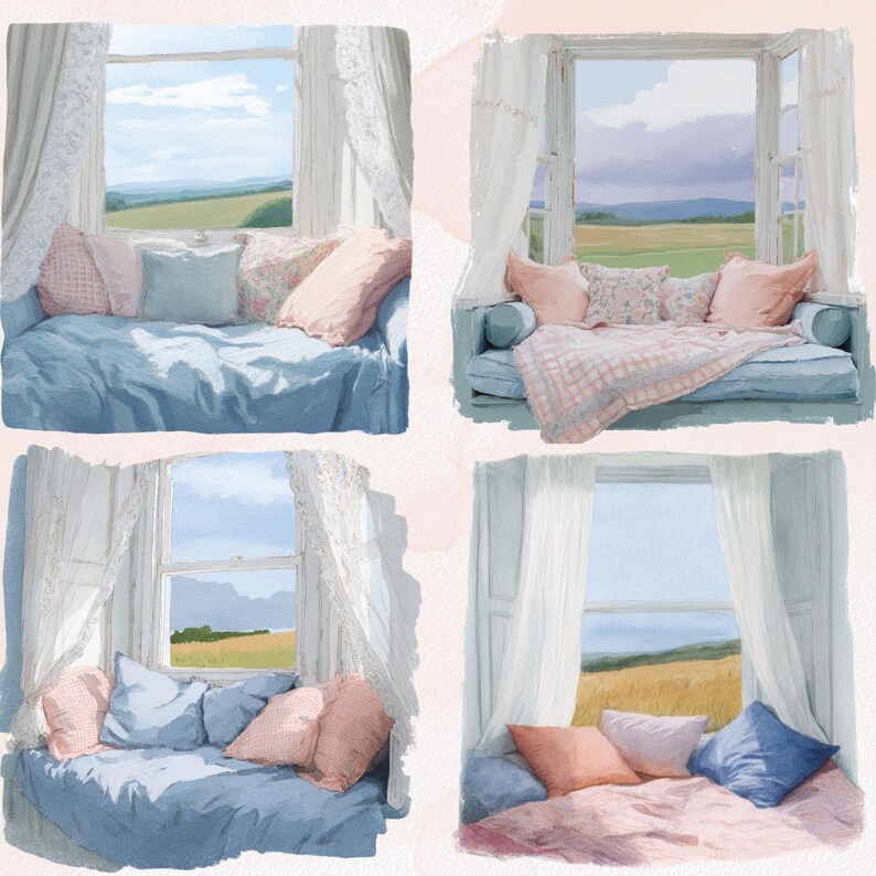Puede incluir: Pintura a la acuarela de cuatro asientos de ventana con vistas a campos y cielo. Cada asiento tiene cojines azules y varias almohadas en rosa, azul y estampados florales. Cortinas de encaje blanco enmarcan las ventanas, creando un ambiente acogedor.