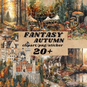 Enorme pacote de clipart Cozy Autumn Fantasy, adesivo digital de castelo de conto de fadas de outono, leitura, livros, adesivo mágico de outono png, registro no diário