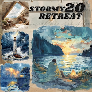 Aquarel gezellig bij de Stormy Sea Retreat digitale stickers, clipartbundel, zomeronweer png, journaling, scrapbooking, commercieel