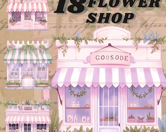 May include: Illustration of three flower shops with pink, green, and white striped awnings. The shops have white walls and windows with floral arrangements. The middle shop has a sign that says "Gousode".