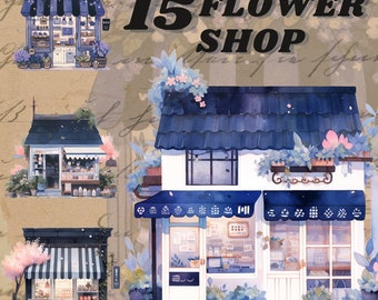 Cute blue flower shop digital sticker, vintage shop, ramen, minimalistic flower shop clipart, scrapbooking, instant download,png,