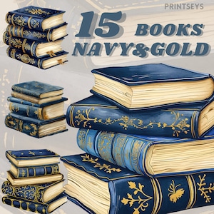Puede incluir: Un conjunto de 15 libros azul marino y dorado con diseños intrincados. Los libros están apilados en varias disposiciones, mostrando sus detalles decorativos.  "15 Books Navy & Gold" está escrito en texto blanco sobre un fondo gris claro.