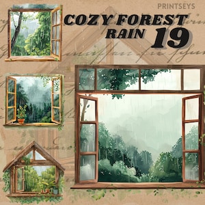 Adesivos digitais Summer Forest Rain, pacote de clipart, tempestade de verão png, adesivo digital, diário de clipart de chuva aconchegante, álbum de recortes