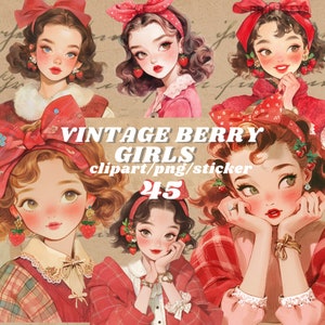 autocollants numériques vintage Cottagecore berry girl, journalisation esthétique d'été, png confortable, autocollant de fée fantaisiste, transparent, scrapbooking