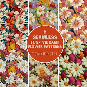 May include: Six seamless floral patterns featuring vibrant colors and a variety of flowers, including daisies, roses, and tulips. The patterns are perfect for use in digital and print projects.