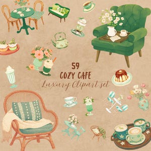 Puede incluir: Un conjunto de 59 ilustraciones de clipart de café acogedor. El clipart incluye una variedad de elementos, como sillas, mesas, tazas de café, postres, plantas y más. Las ilustraciones están en un estilo vintage y son perfectas para agregar un toque de encanto a tus proyectos.