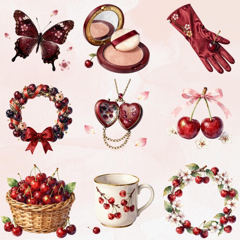 May include: An assortment of cherry-themed items, including a butterfly, compact, glove, wreath, locket, cherries with a bow, basket of cherries, mug, and a cherry blossom wreath. The items are in shades of red and pink.