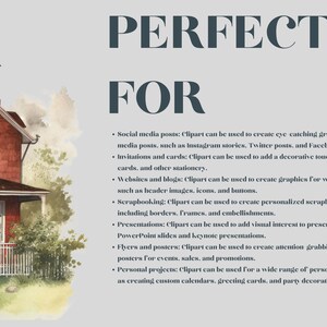 May include: A watercolor illustration of a red brick house with a white picket fence. The text "PERFECT FOR" is written in large, bold, dark blue letters. Below the text is a list of ways clipart can be used for social media, websites, scrapbooking, presentations, flyers, and personal projects.