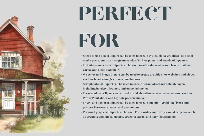 May include: A watercolor illustration of a red brick house with a white picket fence. The text "PERFECT FOR" is written in large, bold, dark blue letters. Below the text is a list of ways clipart can be used for social media, websites, scrapbooking, presentations, flyers, and personal projects.