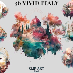 Aquarelle Italie Clipart Bundle, Couleurs vives, Florence, Toscane, Clipart de voyage, style carte postale, coloré