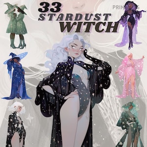 May include: A digital illustration of a woman with white hair wearing a black and silver star-patterned dress and a black robe. The text "33 STARDUST WITCH" is in the background.