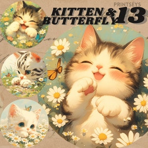 kitten and butterfly digital stickers, very cute kitten clipart, summer png, adorable journaling, transparent  png, junk journaling