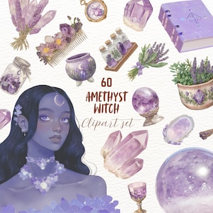 Pacchetto di clipart di strega ametista set di adesivi wicca di cristallo adesivi magici goodnote png trasparenti journaling scrapbooking occulto grafica